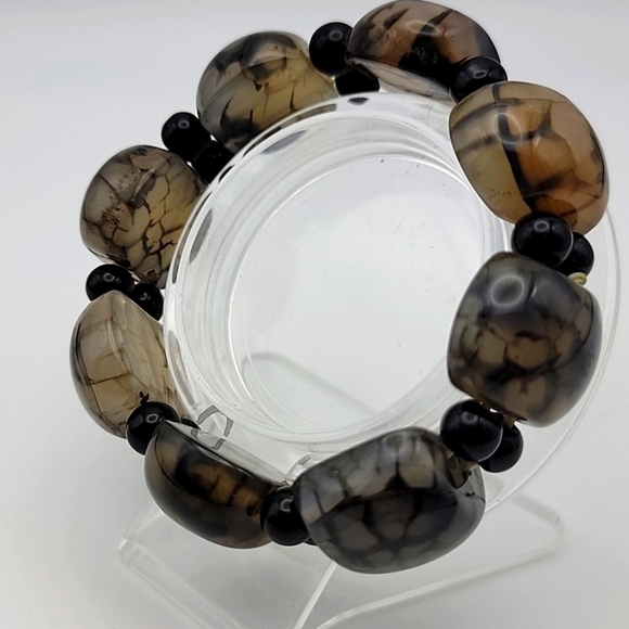 Chunky 7.25" Black White Dragon Vein 24mm Agate Onyx Stretch Bracelet Bangle 81g - Picture 1 of 10